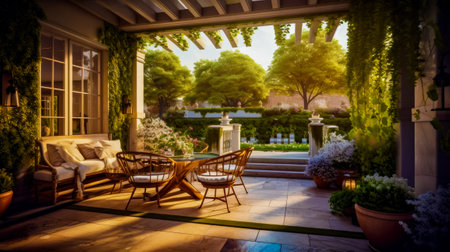 Patio with chairs and table with view of garden and fountain. Generative AI.の素材