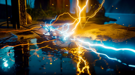 Blurry photo of street with street light in the foreground. Generative AI.の素材