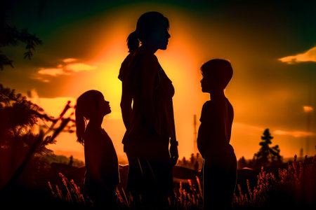 Group of people standing next to each other in the field at sunset. Generative AI.の素材