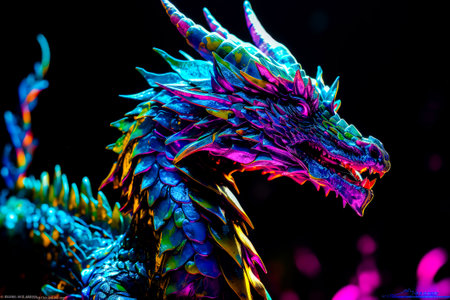 Close up of dragon statue on black background with colorful lights. Generative AI.の素材