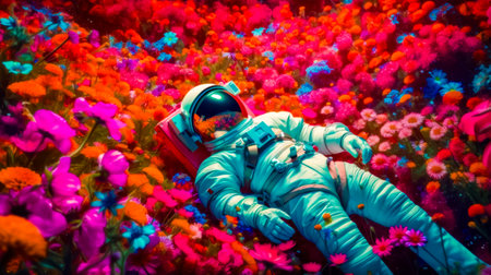 Man in space suit laying on the ground in the field of flowers. Generative AI.の素材