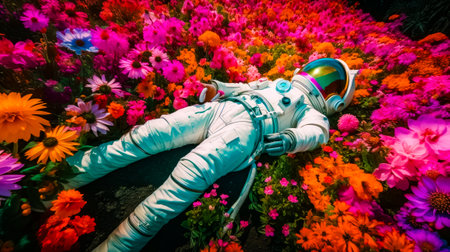 Man in space suit laying on the field of flowers with flowers around him. Generative AI.の素材
