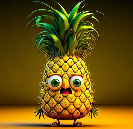 Cartoon pineapple with eyes and surprised look on it's face. Generative AI.の素材