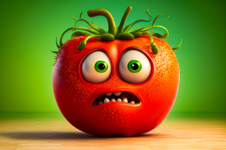 Tomato with eyes and frown on it's face, with green background. Generative AI.の素材