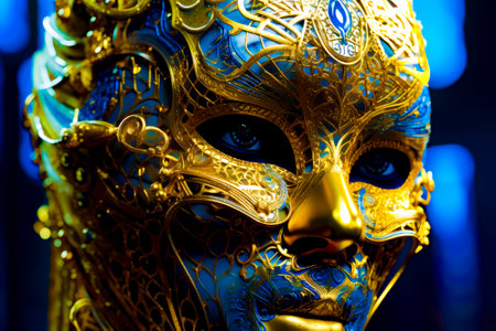 Close up of person wearing blue and gold masquerade. Generative AI.の素材