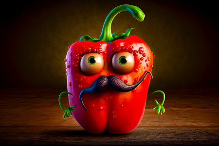 Red pepper with mustache and mustache on it's face. Generative AI.の素材