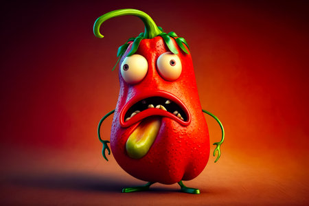 Very cute looking red fruit with big grin on it's face. Generative AI.の素材