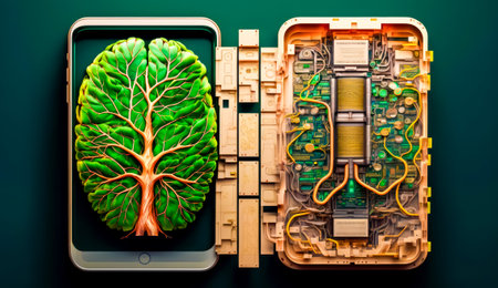 Image of computer circuit board with tree on top of it. Generative AI.の素材