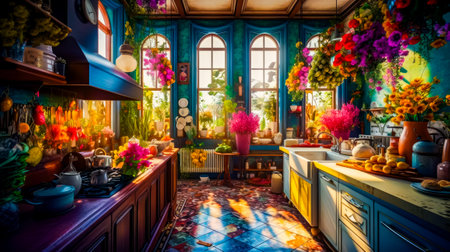Painting of kitchen filled with lots of flowers and potted plants. Generative AI.の素材