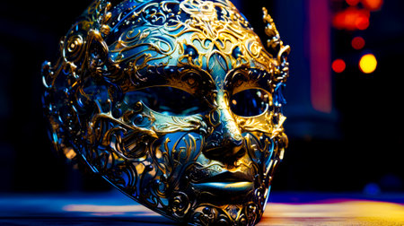 Gold and black mask sitting on top of wooden table next to window. Generative AI.の素材