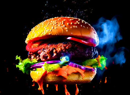 Large hamburger with lot of colorful sauce on it's bun. Generative AI.の素材