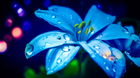 Close up of blue flower with drops of water on the petals. Generative AI.の素材