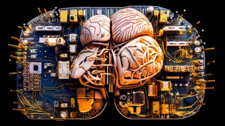 Computer circuit board with brain on top of it and circuit board in the middle. Generative AI.の素材