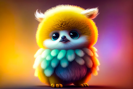 Small yellow and blue owl sitting on top of table next to purple and yellow background. Generative AI.の素材