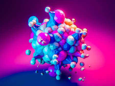 Bunch of colorful balls floating on top of purple and pink background. Generative AI.の素材