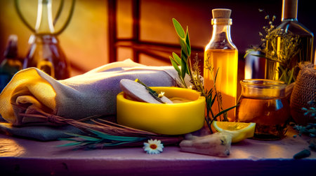 Table topped with bottle of olive oil and bowl of olives. Generative AI.の素材