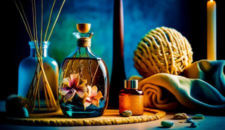Bottle filled with flowers sitting on top of table next to other items. Generative AI.の素材
