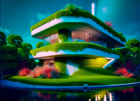 Futuristic house with green roof and grass growing on the side of it. Generative AI.の素材