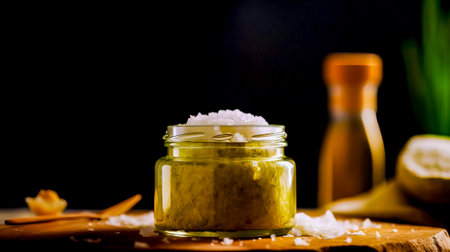 Jar of sea salt sits on table next to bottle of salt. Generative AI.の素材