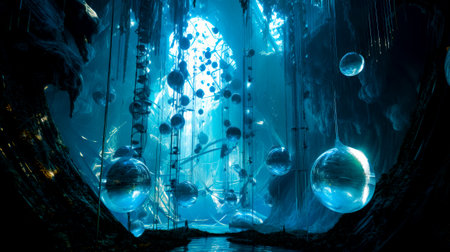 Group of bubbles floating in the air next to body of water. Generative AI.の素材