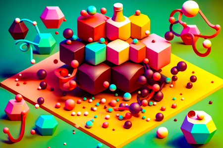 Bunch of different colored objects on green and yellow surface with person standing in front of them. Generative AI.の素材