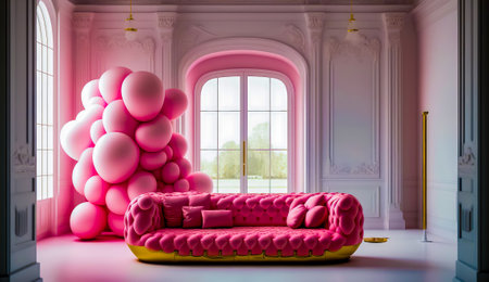 Pink couch sitting in front of window next to pink wall. Generative AI.の素材