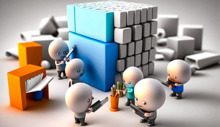 Group of small people standing next to each other in front of stack of cubes. Generative AI.の素材