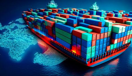 Large container ship with lots of containers on it's side. Generative AI.の素材