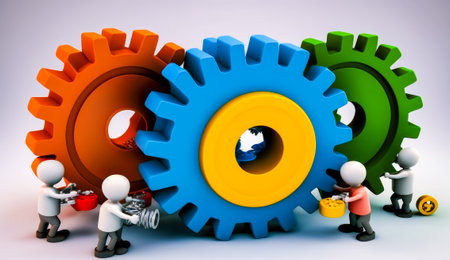 Couple of small figurines standing next to large gear wheel. Generative AI.の素材