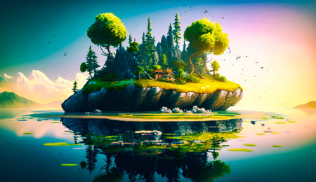 Island in the middle of the lake with house on top of it. Generative AI.の素材