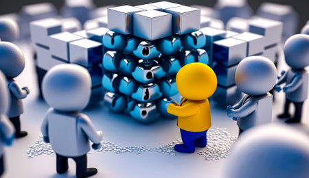 Group of small figurines standing next to each other in front of cube. Generative AI.の素材