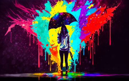 Woman holding umbrella standing in front of colorful background with paint splatters. Generative AI.の素材