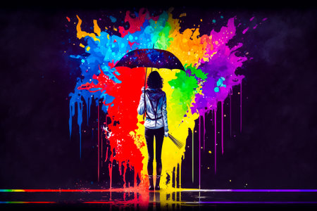 Woman holding umbrella standing in front of rainbow paint splattered wall. Generative AI.の素材