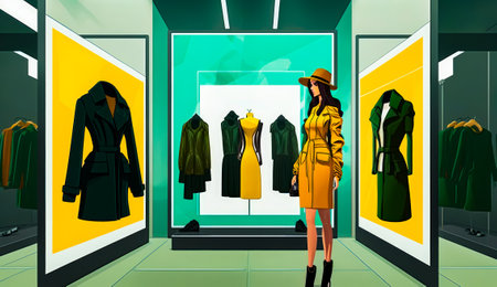 Woman standing in front of green and yellow display case with clothes on mannequins. Generative AI.の素材