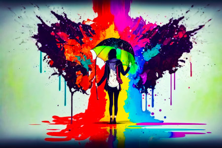 Person with umbrella standing in front of colorful paint splattered background. Generative AI.の素材