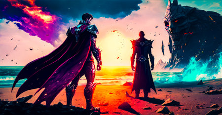 Couple of men standing next to each other on top of the beach. Generative AI.の素材