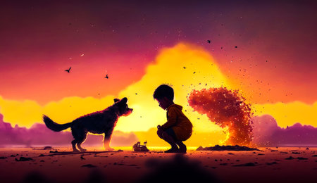 Boy kneeling down next to dog in front of large fire. Generative AI.の素材