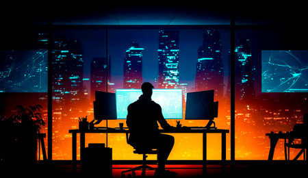 Man sitting at desk in front of computer monitor and keyboard. Generative AI.の素材