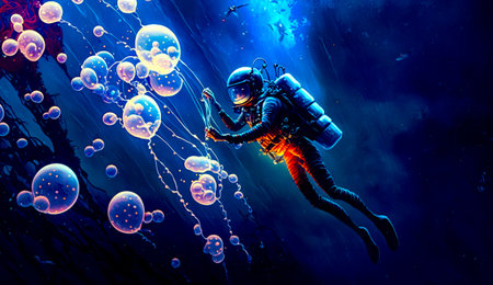 Painting of man in diving suit with lot of bubbles. Generative AI.の素材