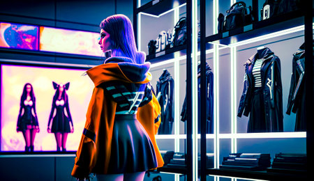 Woman is standing in front of display of handbags and purses. Generative AI.の素材