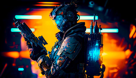 Man in futuristic suit holding machine gun in sci - fi setting. Generative AI.の素材