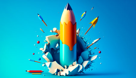 Pencil that is sticking out of hole in the ground with lot of pencils coming out of it. Generative AI.の素材