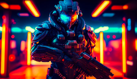 Man in futuristic suit holding gun in front of neon lights. Generative AI.の素材