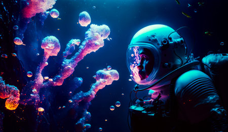 Man in space suit standing in front of jellyfish tank. Generative AI.の素材