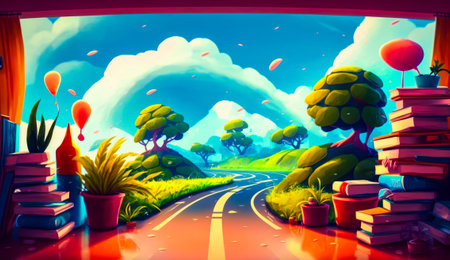 Painting of road with trees and plants on the side of it. Generative AI.の素材