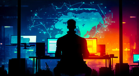 Man sitting at desk in front of computer monitor with world map in the background. Generative AI.の素材