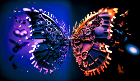 Close up of butterfly shaped object with gears on it's wings. Generative AI.の素材