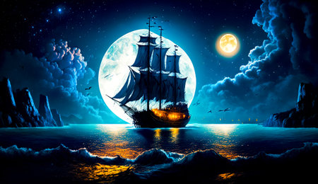 Ship floating in the ocean at night with full moon in the background. Generative AI.の素材