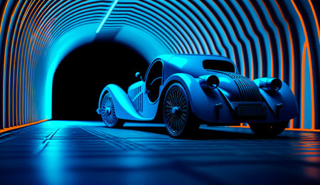 Blue car parked in tunnel with light at the end of the tunnel. Generative AI.の素材