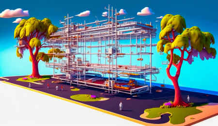 Drawing of building with lot of scaffolding on it. Generative AI.の素材